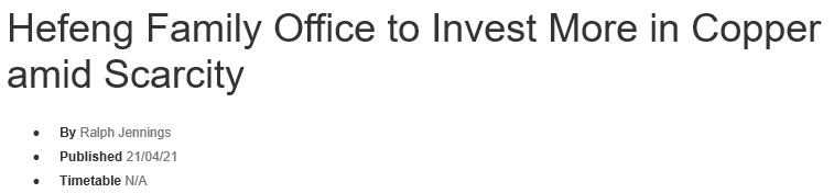 英国《金融时报》专访：和丰家族办公室看好铜投资